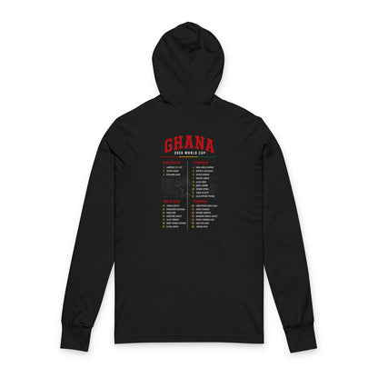 GHANA Soccer Hoodie Tee — World Cup 2022 Team Roster Long-Sleeve Hooded Tee