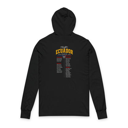 Ecuador Soccer Hoodie Tee — World Cup 2022 Team Roster Long-Sleeve Hooded Tee