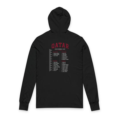 QATAR Soccer Hoodie Tee — World Cup 2022 Team Roster Long-Sleeve Hooded Tee