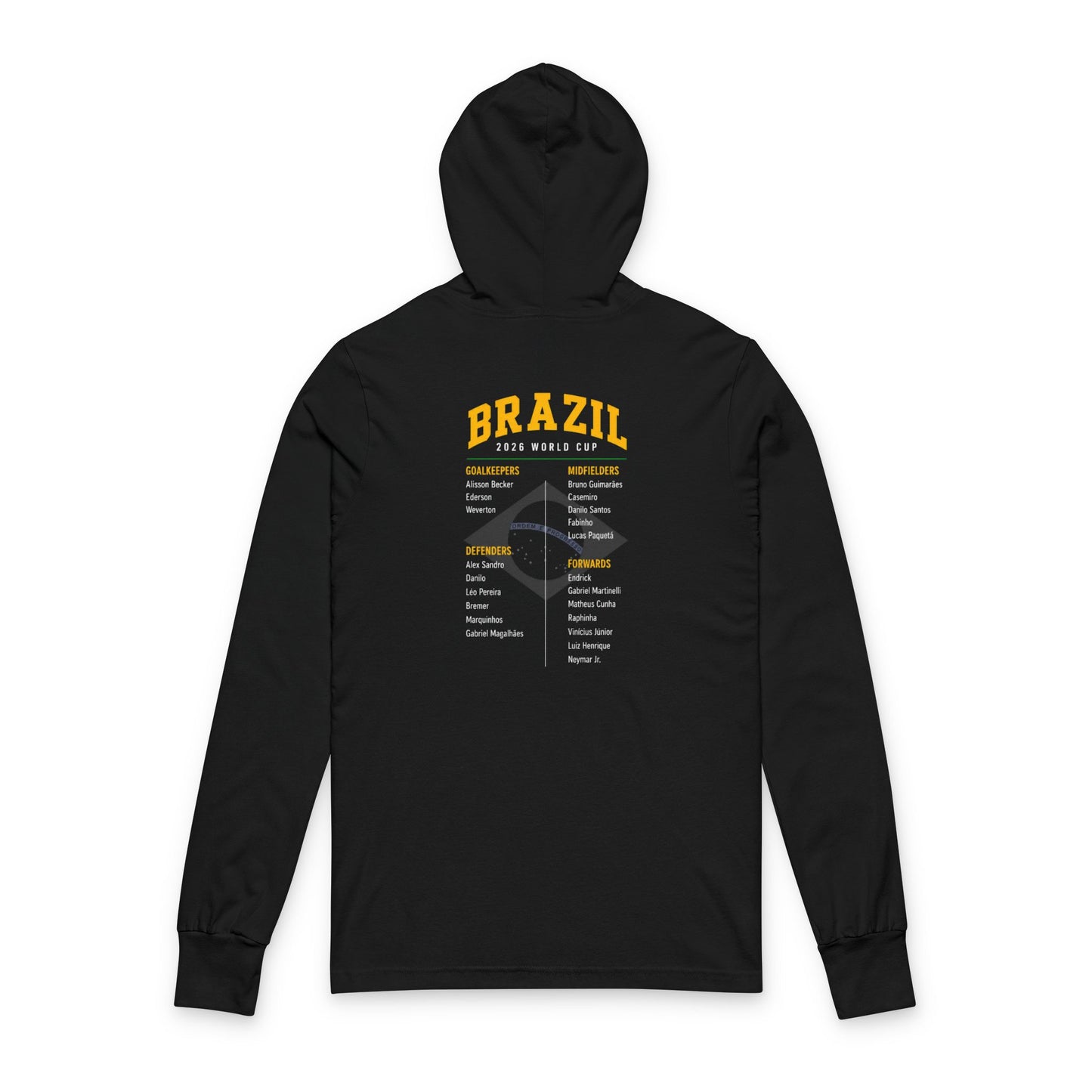 BRAZIL Soccer Hoodie Tee — World Cup 2022 Team Roster Long-Sleeve Hooded Tee