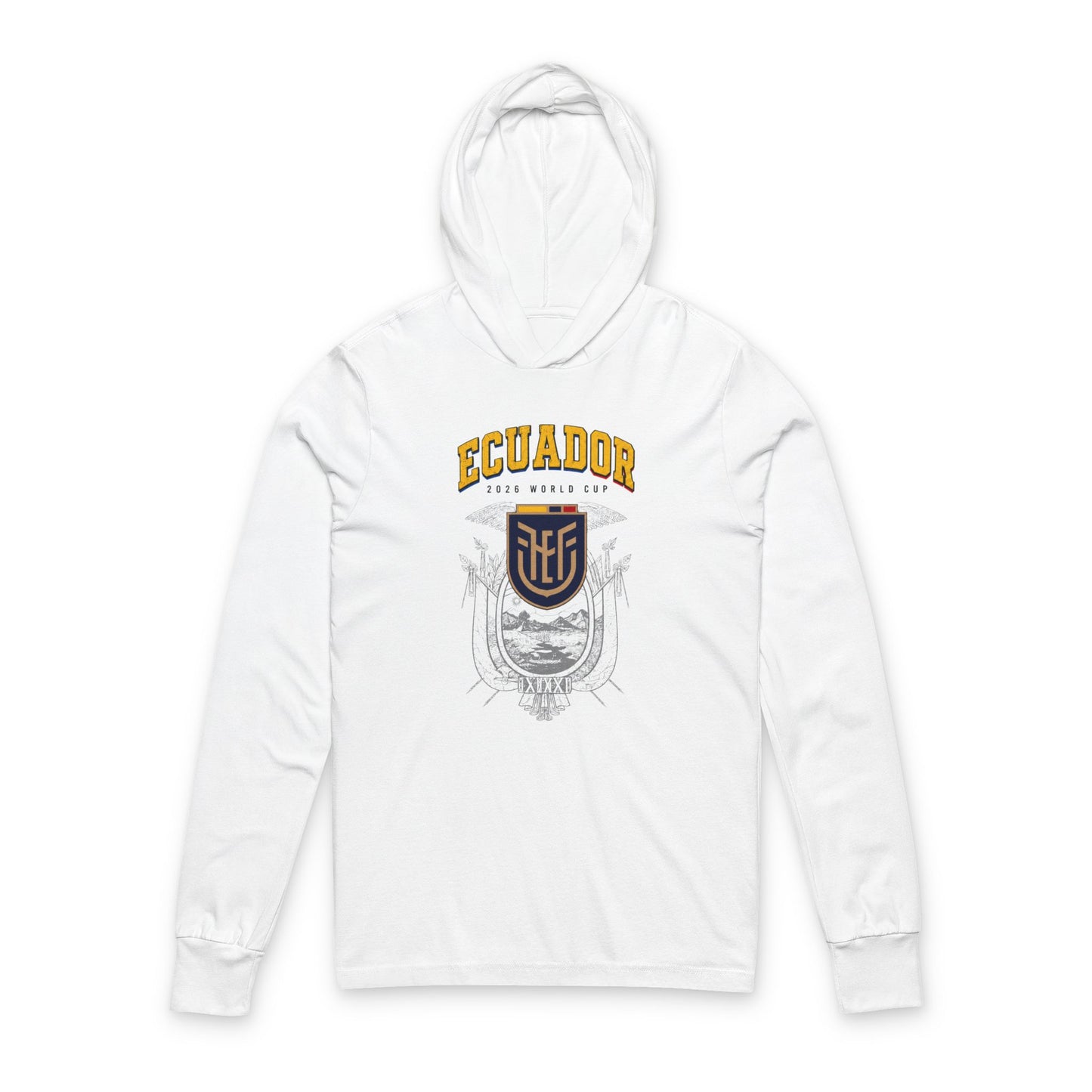 Ecuador Soccer Hoodie Tee — World Cup 2022 Team Roster Long-Sleeve Hooded Tee