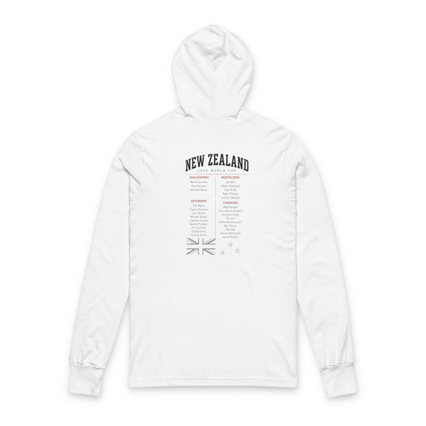 NEW ZEALAND Soccer Hoodie Tee — World Cup 2022 Team Roster Long-Sleeve Hooded Tee